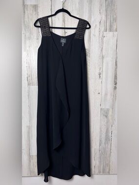 Adriana Papell  Black Midi High and Low  Dress with lace Shoulder Straps 14